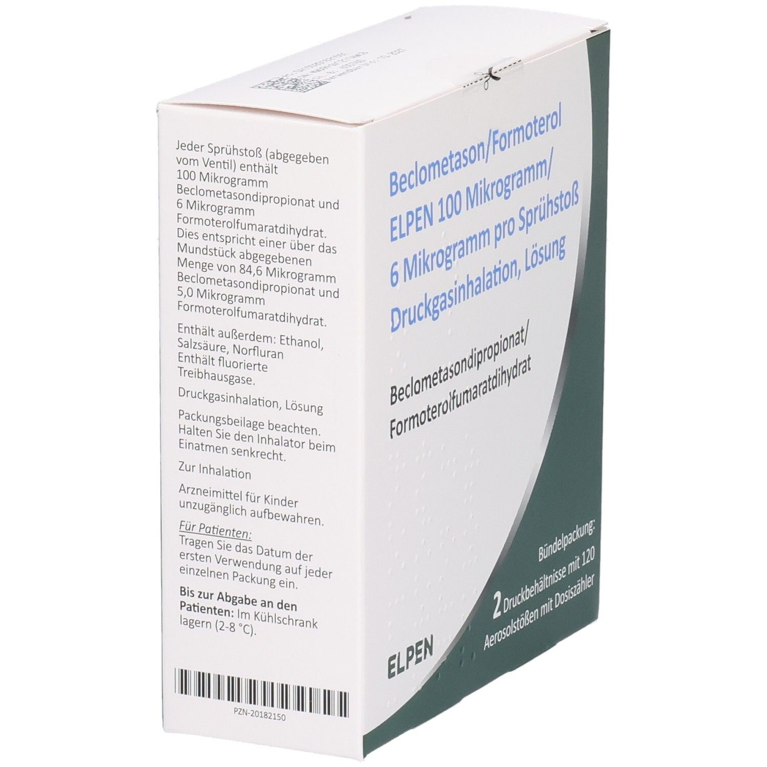 Weißer Karton mit Produktinformationen. Beschriftung: Beclometason/Formoterol ELPEN 100 Mikrogramm/6 Mikrogramm pro Sprühstoß. Seitenansicht mit Text.