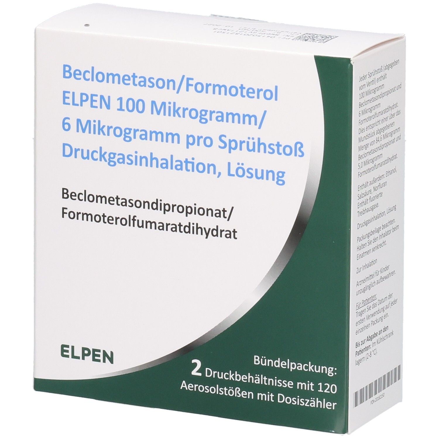 Karton mit Produktinformationen. Beschriftung: Beclometason/Formoterol ELPEN 100 Mikrogramm/6 Mikrogramm pro Sprühstoß. 2 Druckbehältnisse mit 120 Aerosolstößen.