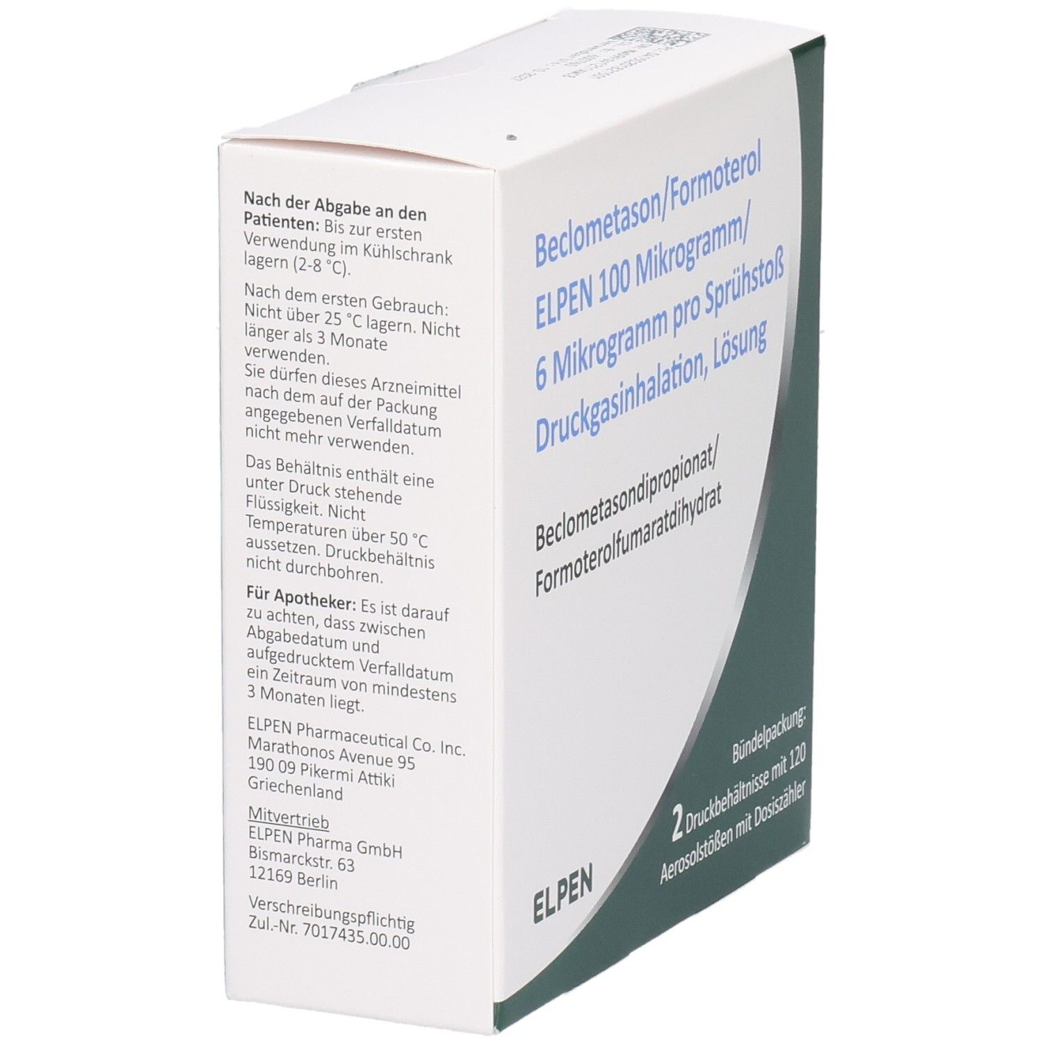 Weißer Karton mit Produktinformationen. Beschriftung: Beclometason/Formoterol ELPEN 100 Mikrogramm/6 Mikrogramm pro Sprühstoß. Seitenansicht mit Text.