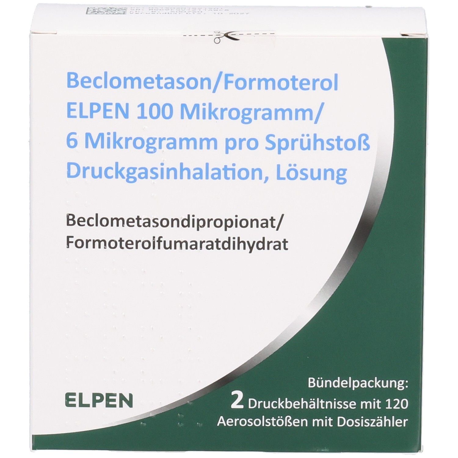 Karton mit Produktinformationen. Beschriftung: Beclometason/Formoterol ELPEN 100 Mikrogramm/6 Mikrogramm pro Sprühstoß. 2 Druckbehältnisse mit 120 Aerosolstößen.