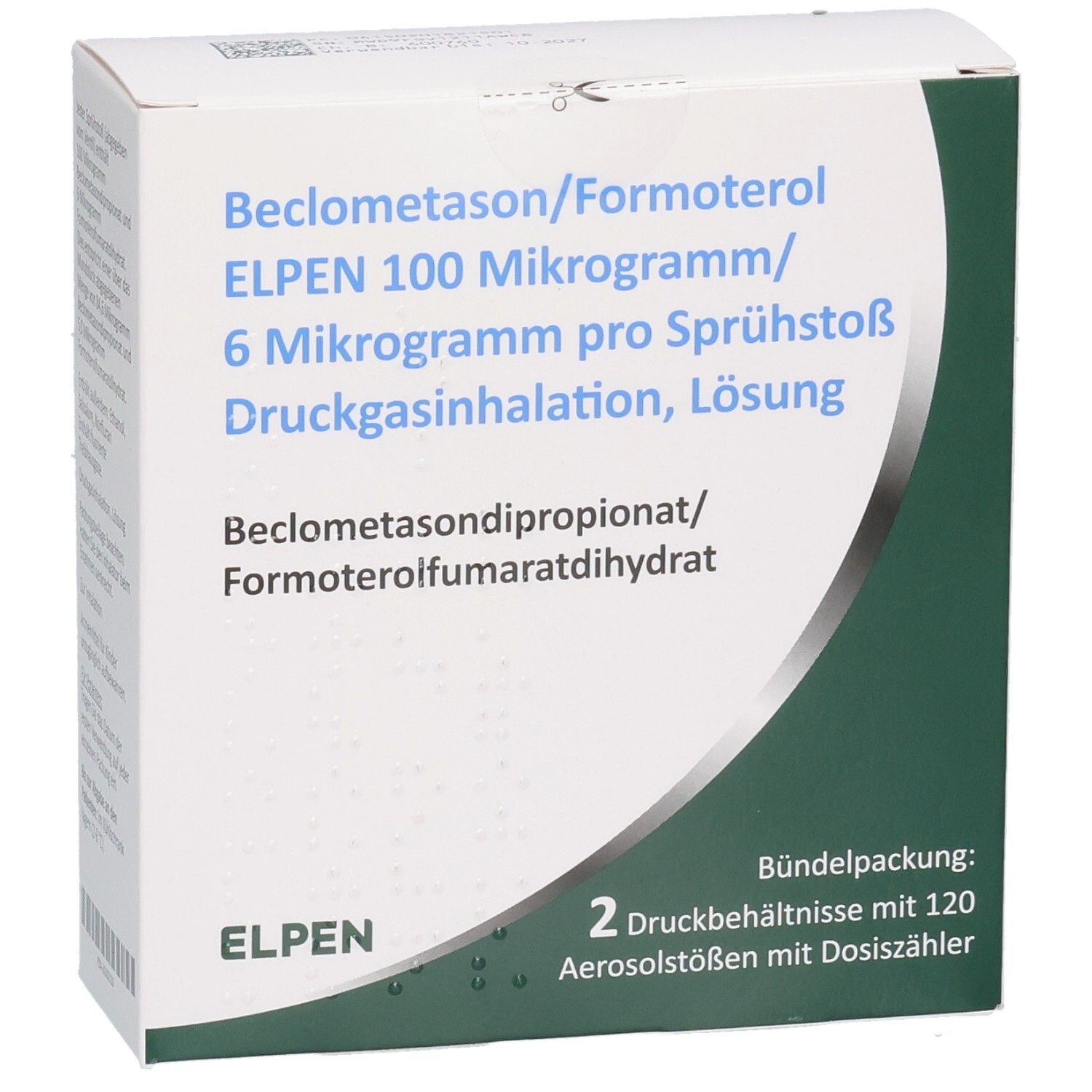 Karton mit Produktinformationen. Beschriftung: Beclometason/Formoterol ELPEN 100 Mikrogramm/6 Mikrogramm pro Sprühstoß. 2 Druckbehältnisse mit 120 Aerosolstößen.