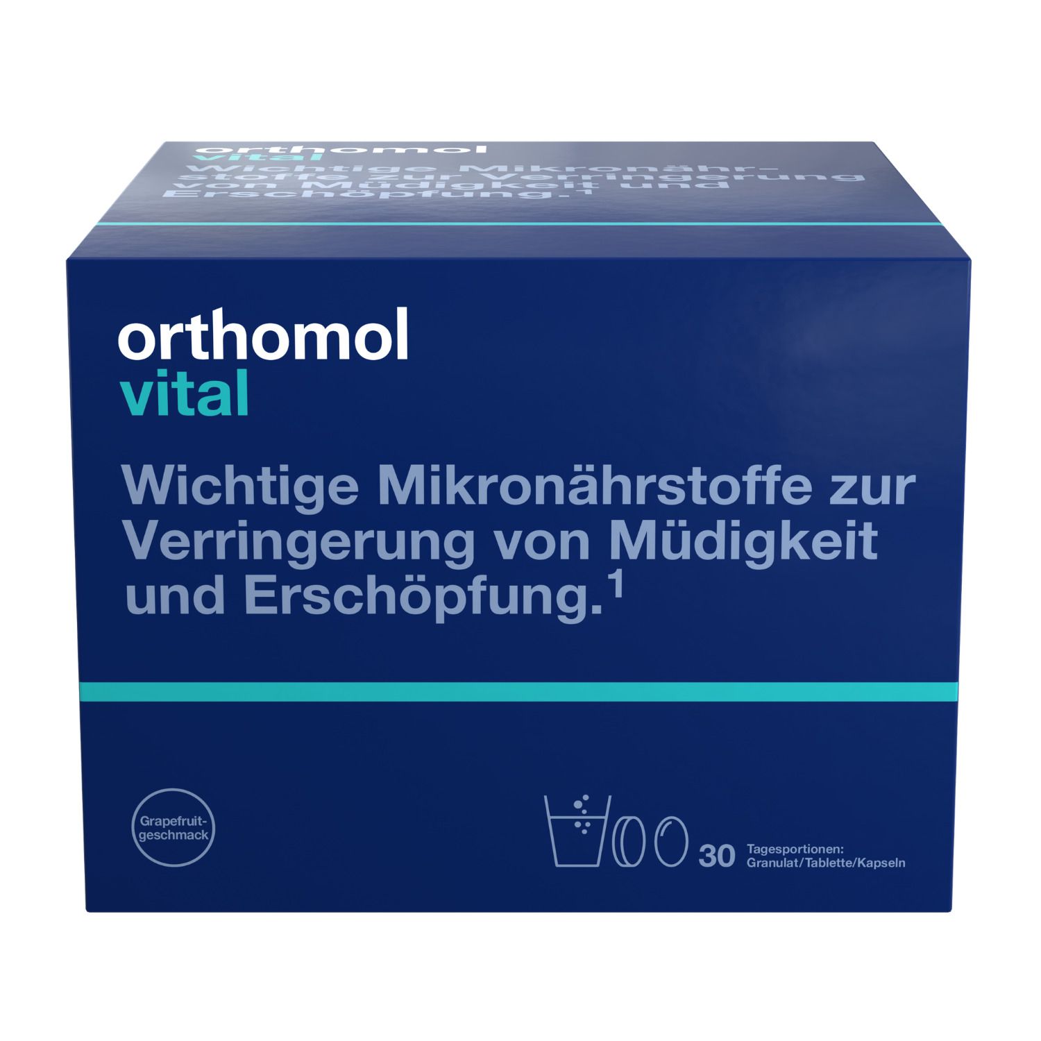 Blaue Schachtel mit Orthomol Vital. Enthält Mikronährstoffe bei Müdigkeit und Erschöpfung. Grapefruit-Geschmack.