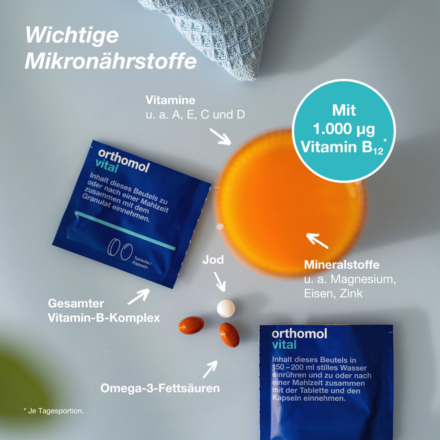 Beutel mit Orthomol Vital, Tabletten, Kapseln, und Flüssigkeit. Text: Vitamin B12, Omega-3-Fettsäuren.