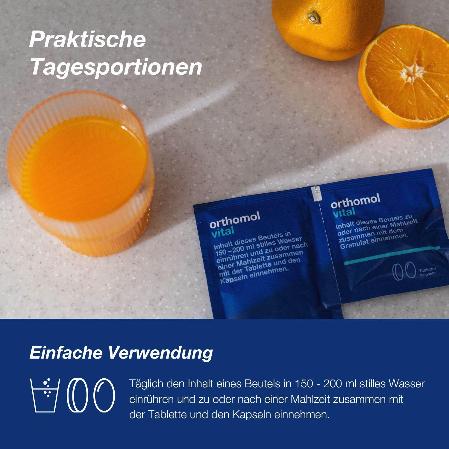 Glas mit Flüssigkeit und Beutel Orthomol Vital. Text: Praktische Tagesportionen. Einfache Verwendung.