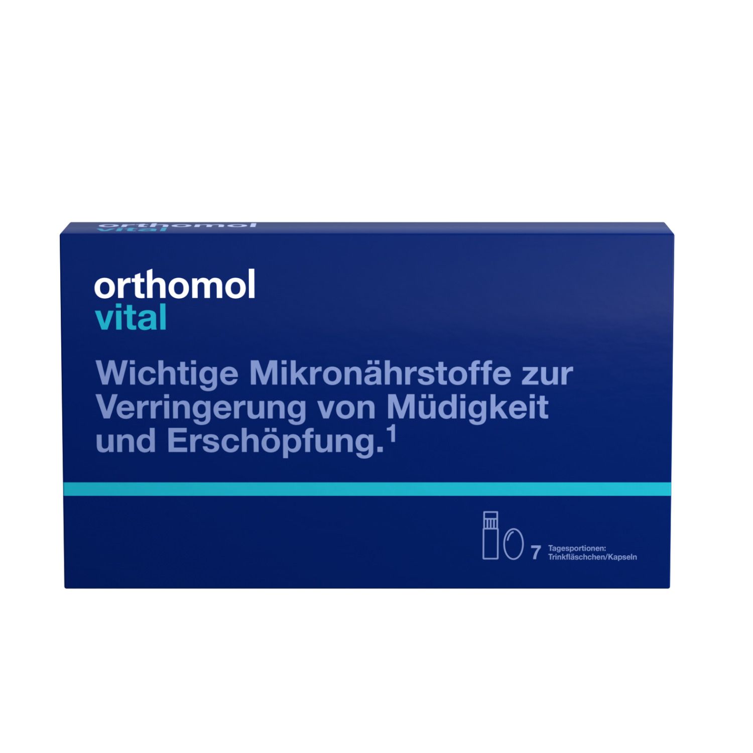 Orthomol vital Packung. Blaue Schachtel mit Text: Mikronährstoffe bei Müdigkeit und Erschöpfung.