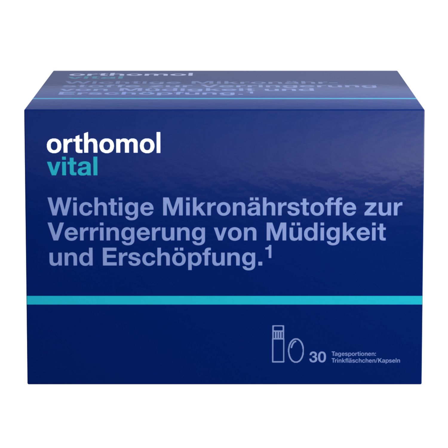 Dunkelblaue Schachtel mit Produktnamen und Text. Enthält 30 Trinkfläschchen/Kapseln.