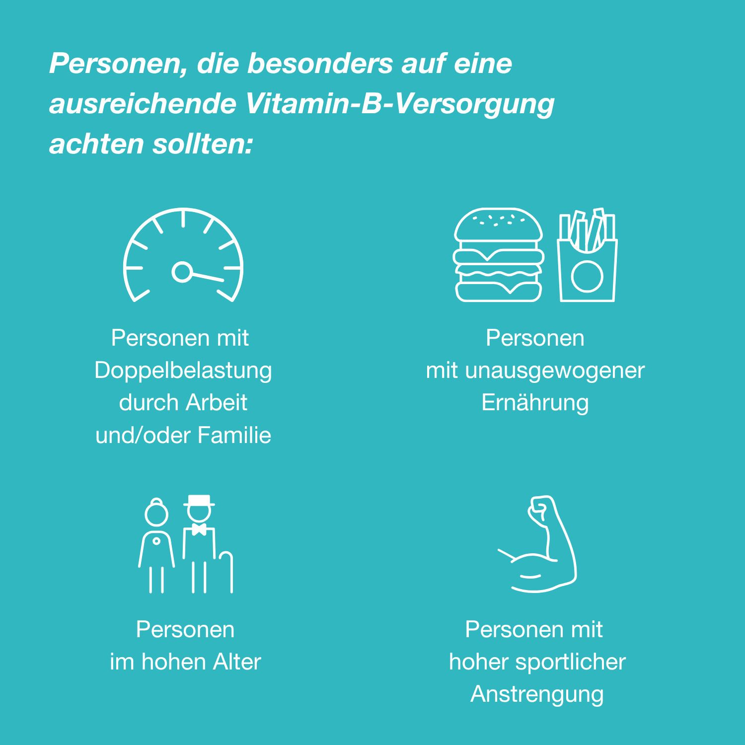 Grafische Darstellung von Personen, die auf Vitamin-B-Versorgung achten sollten. Symbole.