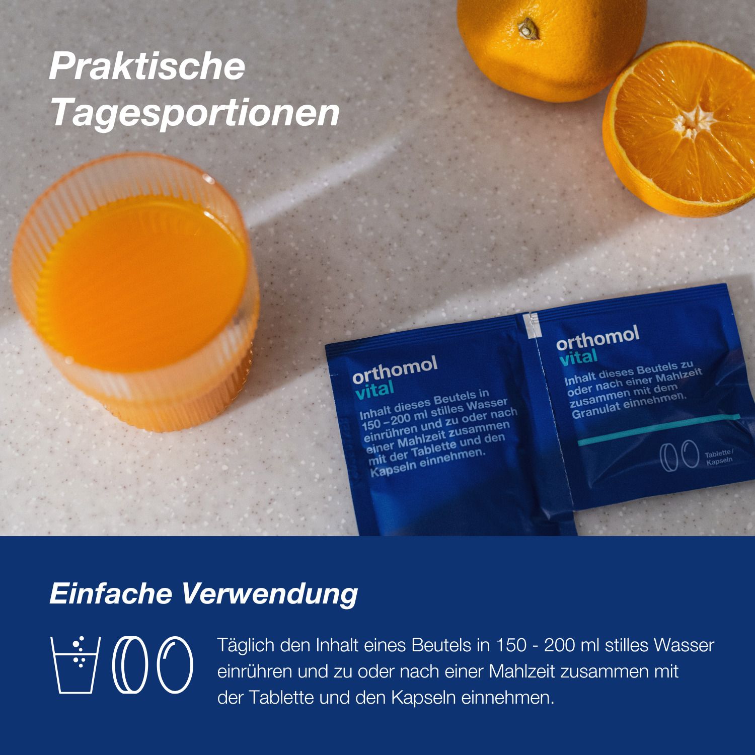 Glas Orangensaft, Produktbeutel. Text: Praktische Tagesportionen. Einfache Verwendung.