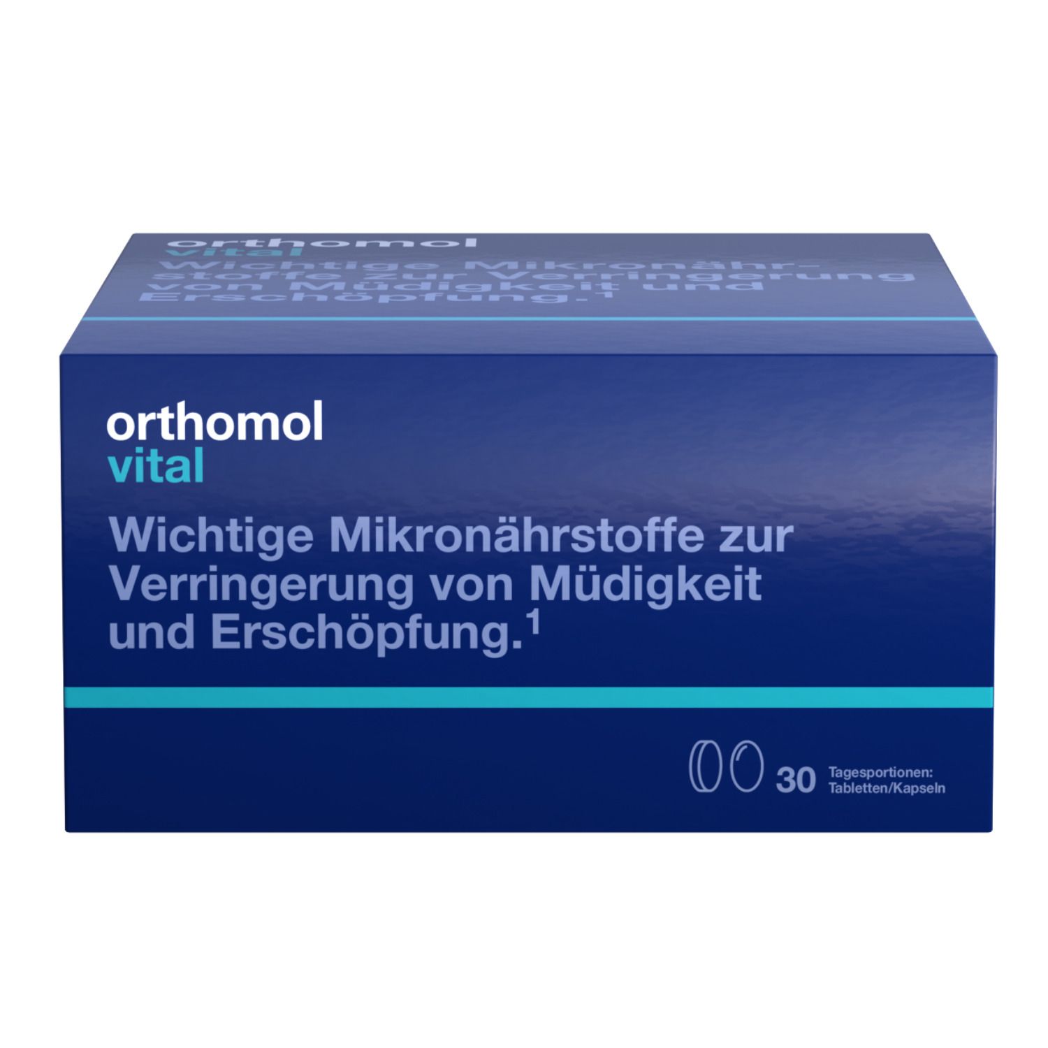Blaue Schachtel mit "orthomol vital". Enthält Tabletten/Kapseln. Text: "Wichtige Mikronährstoffe zur Verringerung von Müdigkeit".