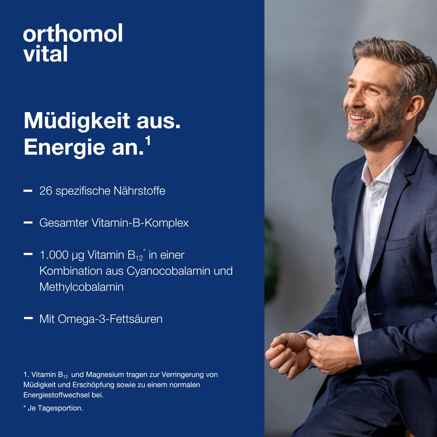Mann mit Text: "Müdigkeit aus. Energie an." Aufzählung: 26 Nährstoffe, Vitamin-B-Komplex, 1.000 µg Vitamin B12, Omega-3-Fettsäuren.