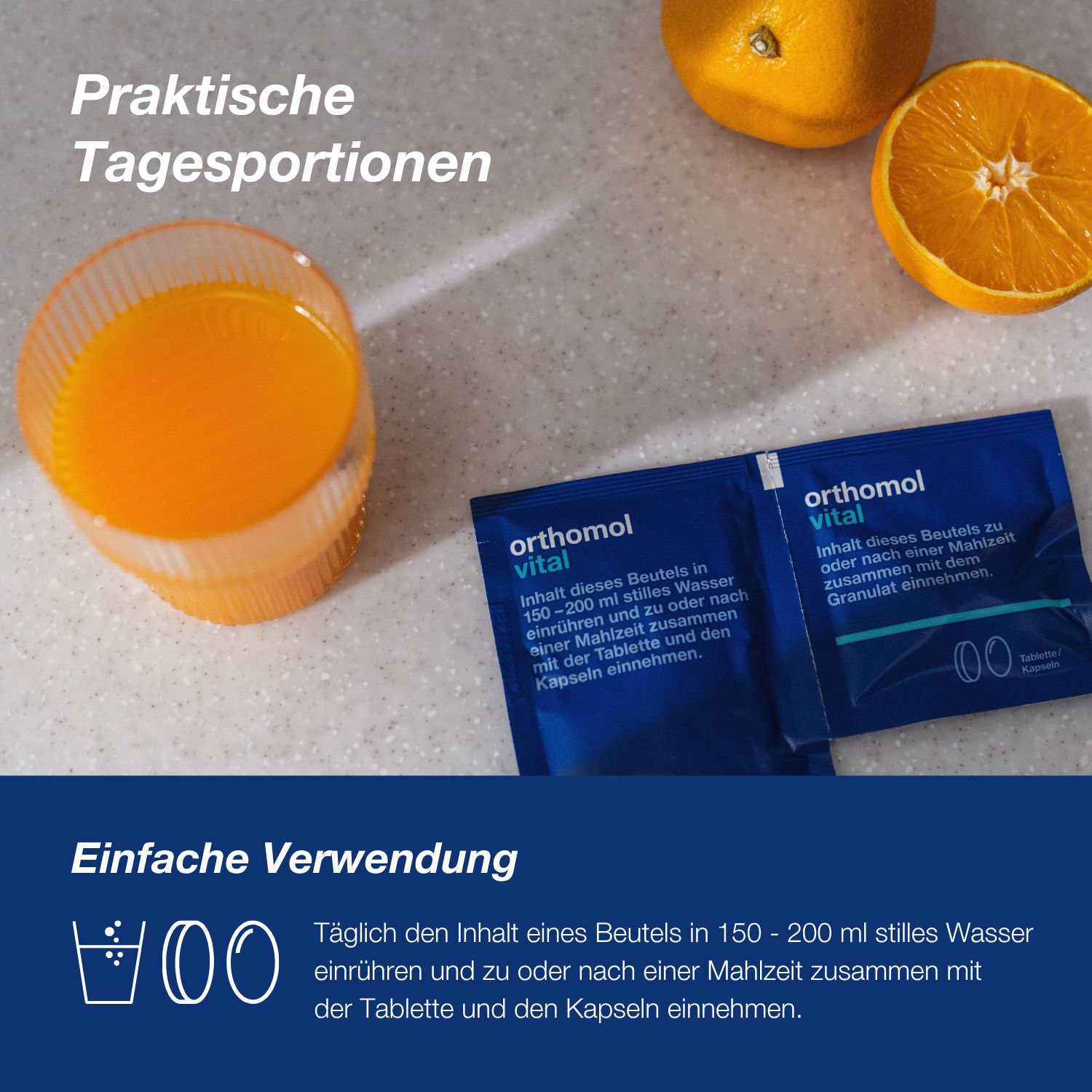 Glas mit Flüssigkeit, Beutel und Text: Praktische Tagesportionen. Einfache Verwendung.