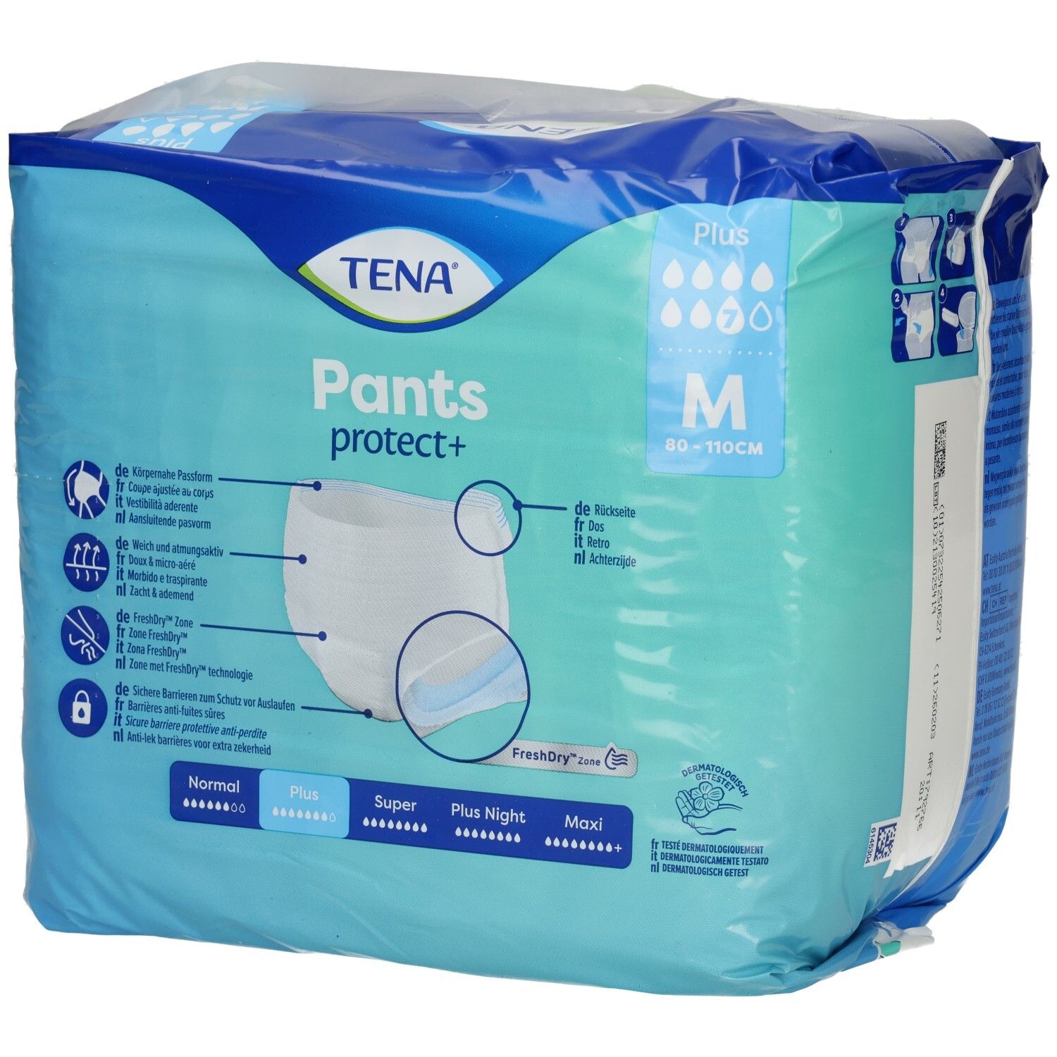 TENA Pants protect+ M Verpackung. Größe M, 80-110cm. Produktinformationen und Illustrationen. Plus, Super, Plus Night, Maxi.