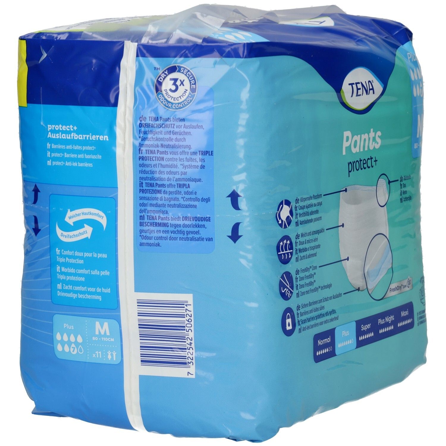 Rückseite der TENA Pants protect+ M Verpackung. Produktinformationen und Illustrationen. Plus, Super, Plus Night, Maxi.