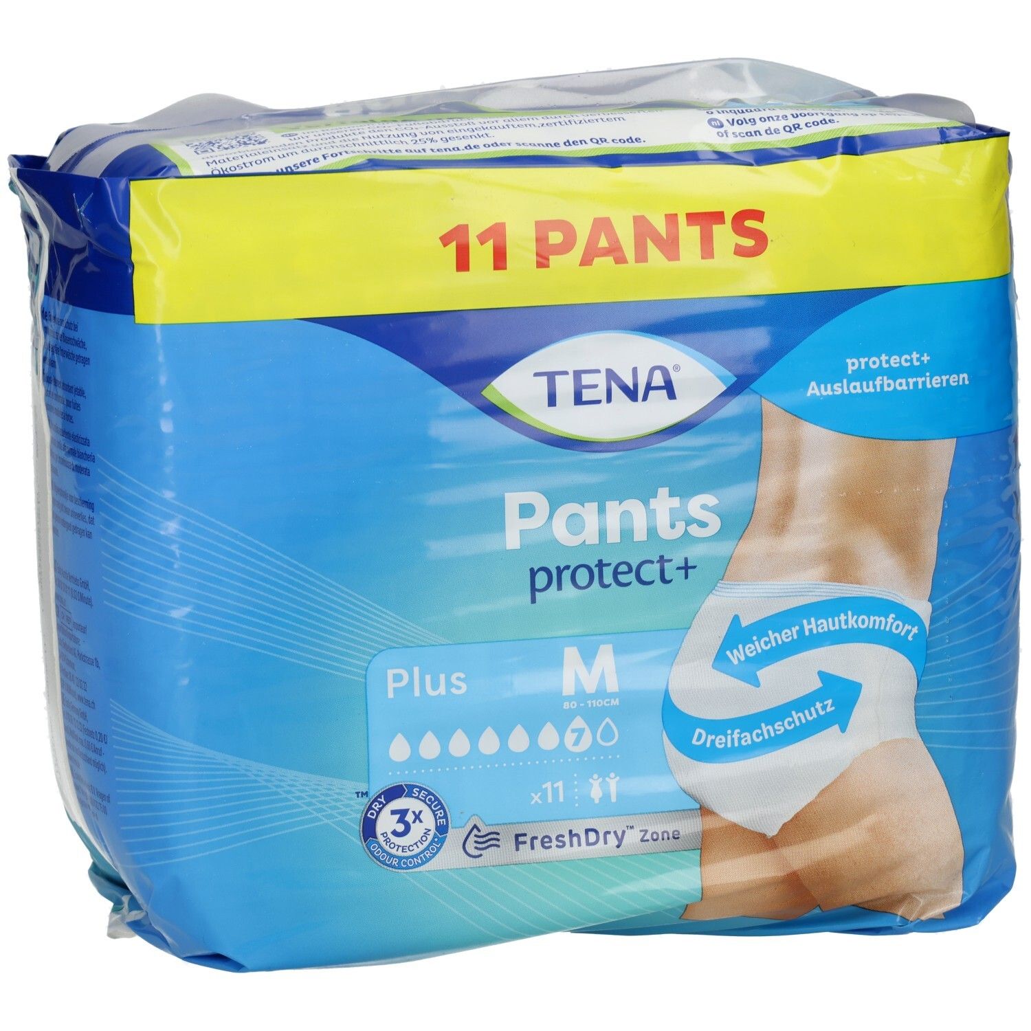 TENA Pants protect+ M, Plus, 11 Pants. Blaue Verpackung mit Produktabbildung und Informationen. Dreifachschutz.