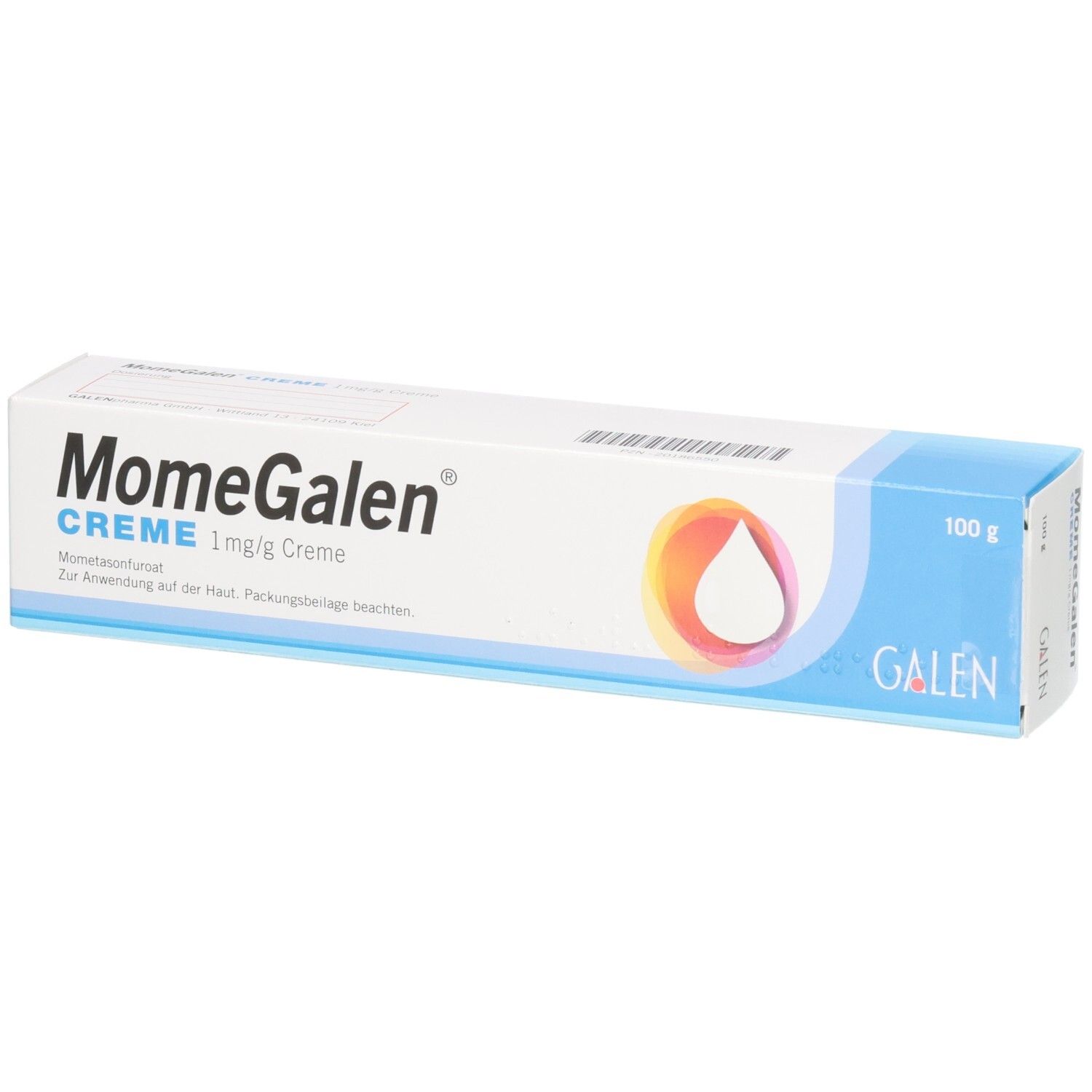 MomeGalen Creme 1 mg/g: Kartonverpackung mit Produktinformationen und Galen Logo.