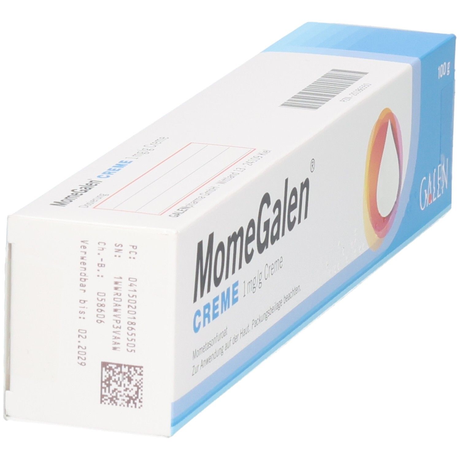 MomeGalen Creme 1 mg/g: Seitenansicht der Kartonverpackung mit Chargennummer und Verfallsdatum.