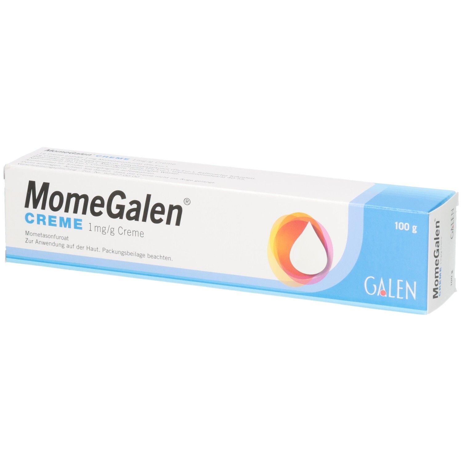 MomeGalen Creme 1 mg/g: Kartonverpackung mit Produktinformationen und Galen Logo.