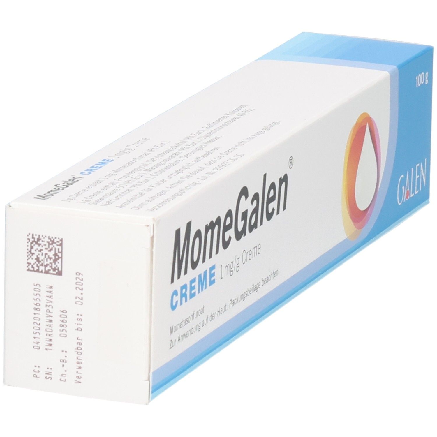 MomeGalen Creme 1 mg/g: Seitenansicht der Kartonverpackung mit Chargennummer und Verfallsdatum.