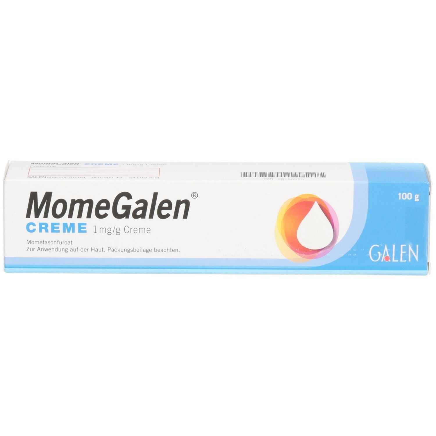 MomeGalen Creme 1 mg/g: Kartonverpackung mit Produktinformationen und Galen Logo.