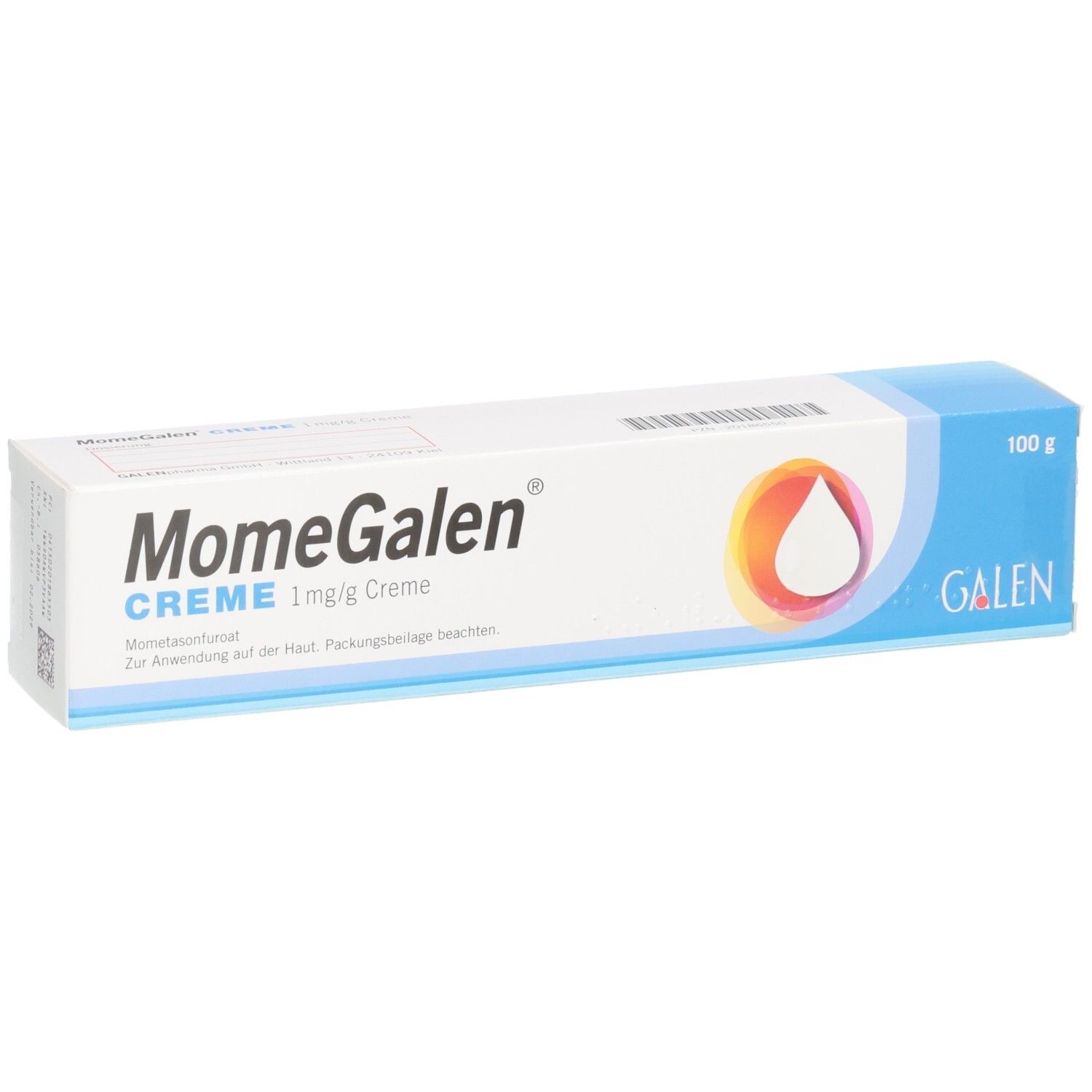 MomeGalen Creme 1 mg/g: Kartonverpackung mit Produktinformationen und Galen Logo.