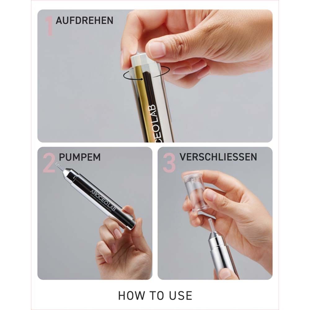 Anleitung: Aufdrehen, Pumpen, Verschließen. Produkt und transparente Hülle. Text: HOW TO USE.