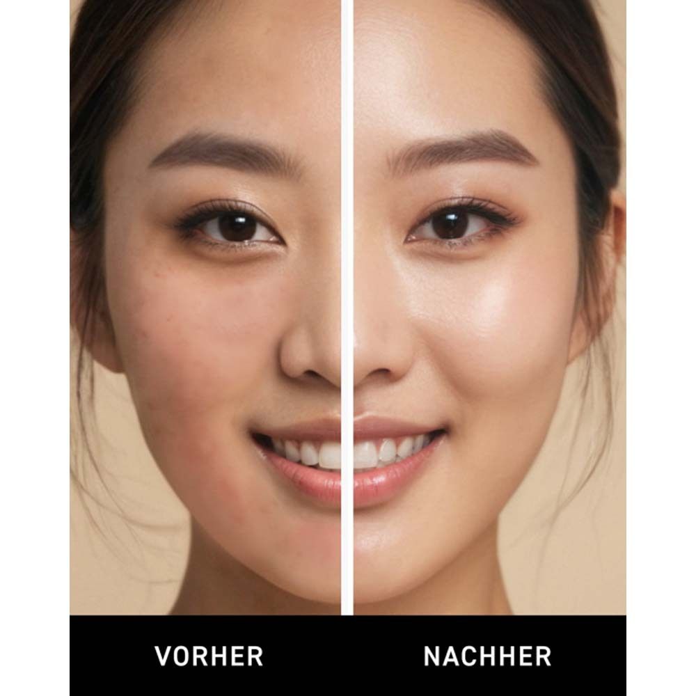 Vorher-Nachher-Vergleich. Frau mit Gesicht. Text: Vorher, Nachher.