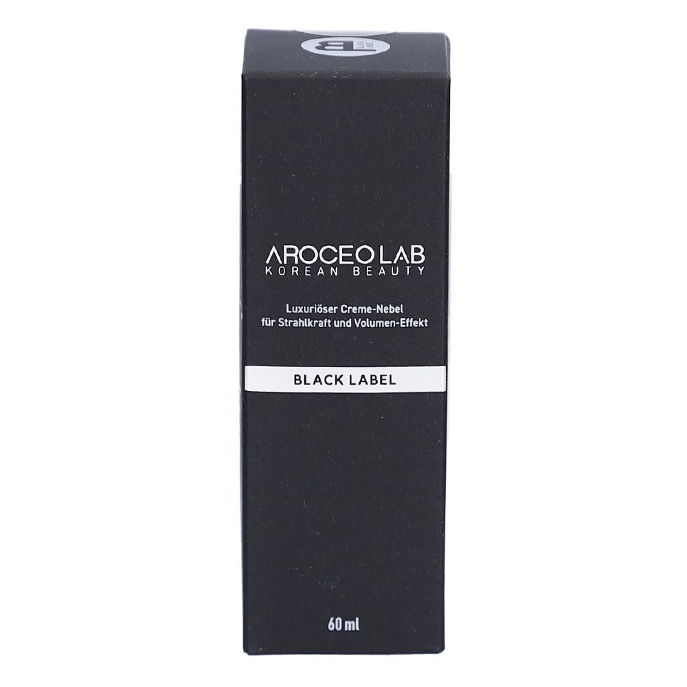 Schwarze Produktverpackung. Text: AROCEO LAB, Korean Beauty, Creme-Nebel, Black Label, 60 ml.