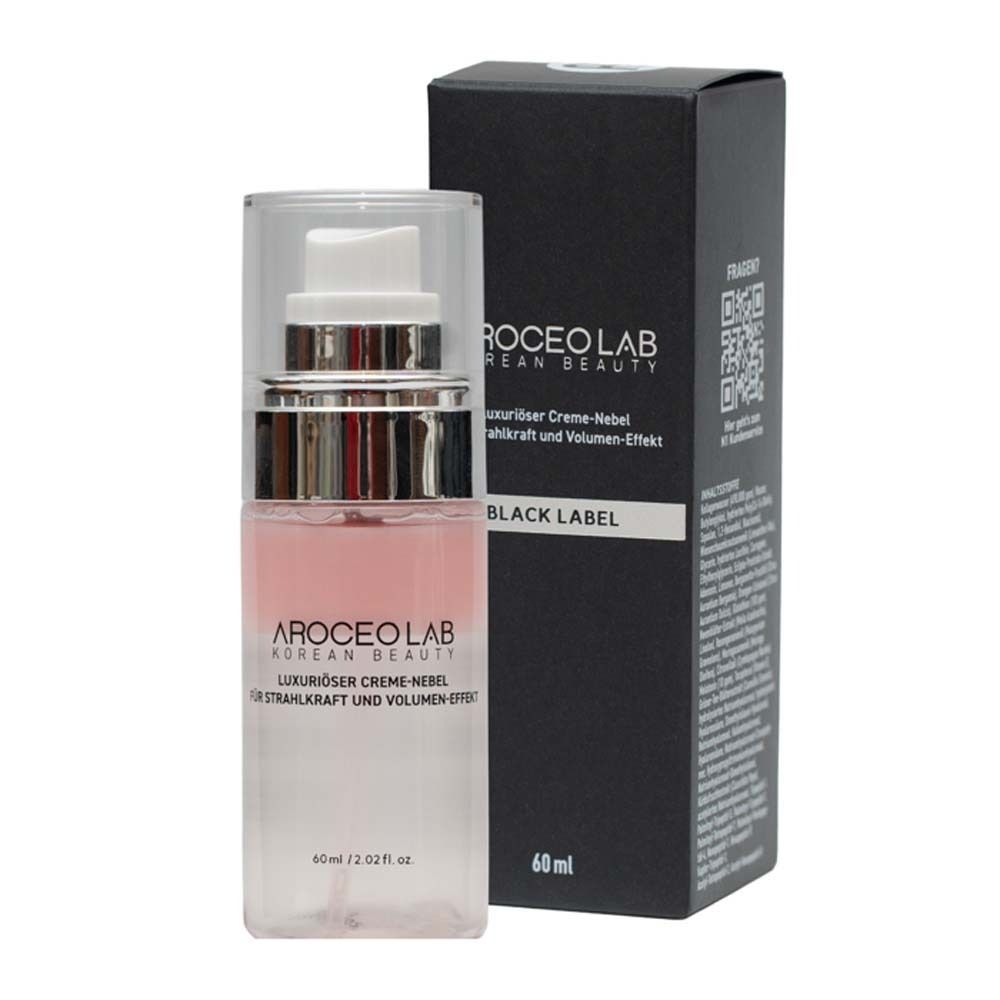 Flakon mit Sprühkopf und schwarzer Verpackung. Aufschrift: Aroceo Lab Korean Beauty, Creme-Nebel, Black Label, 60 ml.