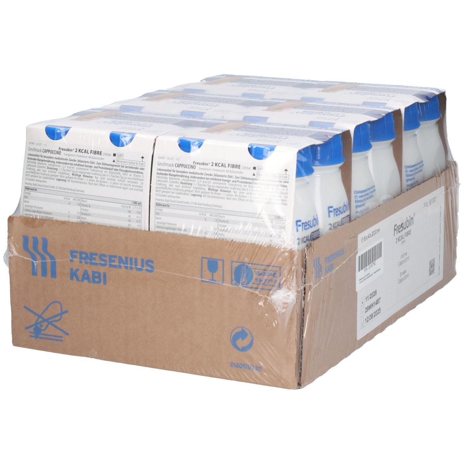 Fresubin 2 KCAL FIBRE Drink Cappuccino: Rückseite der Kartonverpackung mit 12x 200ml Flaschen.