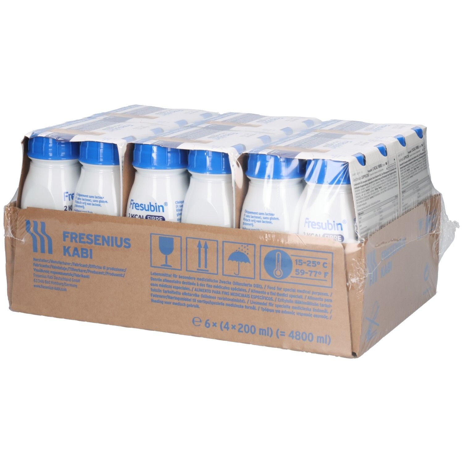Fresubin 2 KCAL FIBRE Drink Cappuccino: 6x 200ml Flaschen in Kartonverpackung, Seitenansicht.