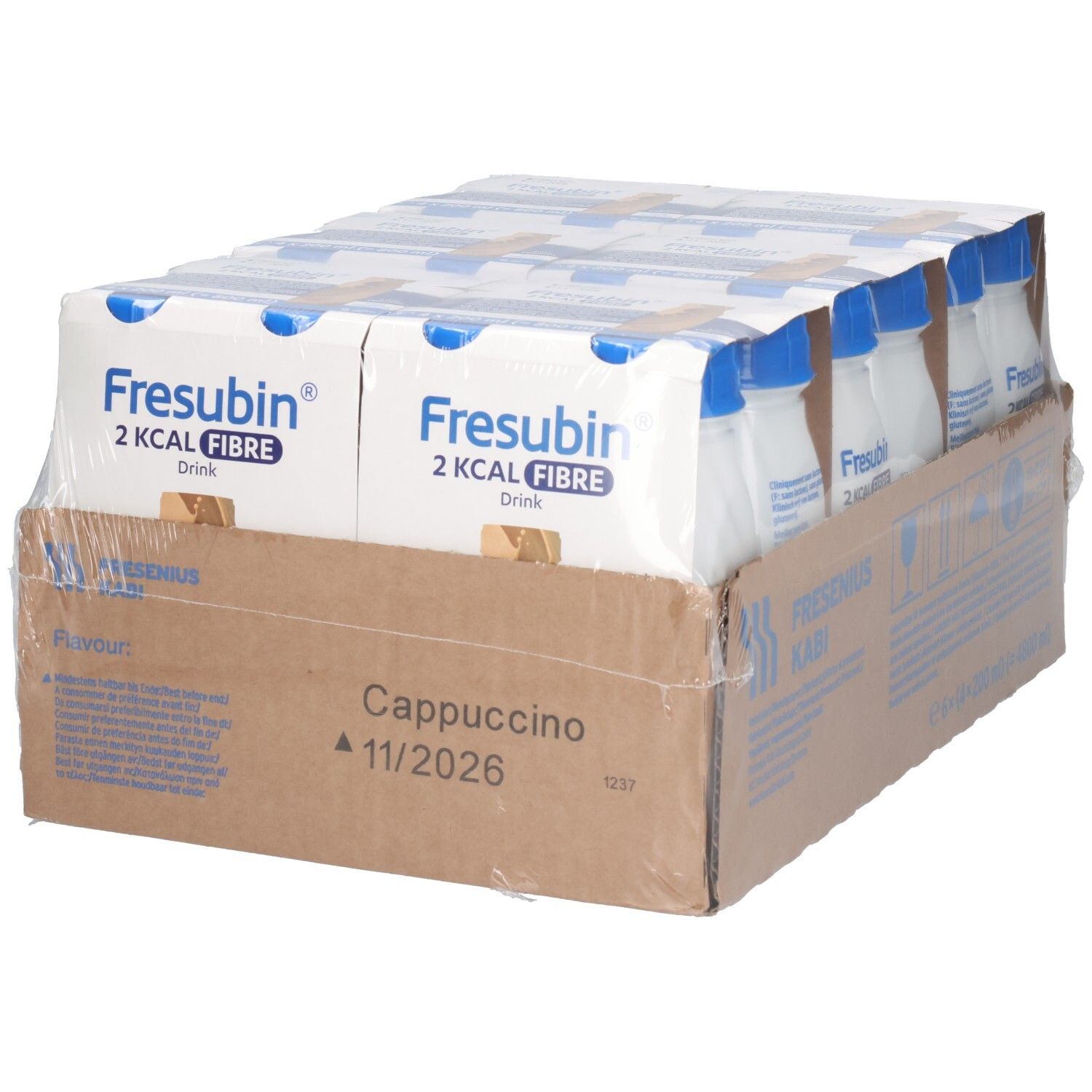 Fresubin 2 KCAL FIBRE Drink Cappuccino: Kartonverpackung mit 12x 200ml Flaschen, Vorderseite.