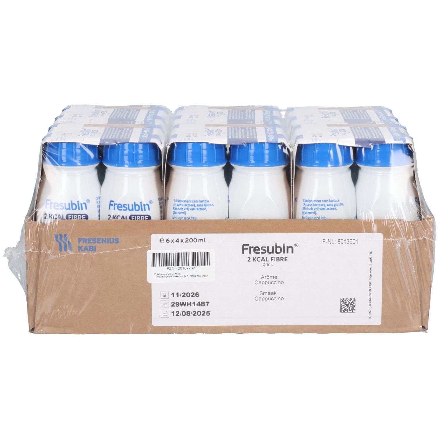 Fresubin 2 KCAL FIBRE Drink Cappuccino: 6x 200ml Flaschen in Kartonverpackung, Vorderansicht.