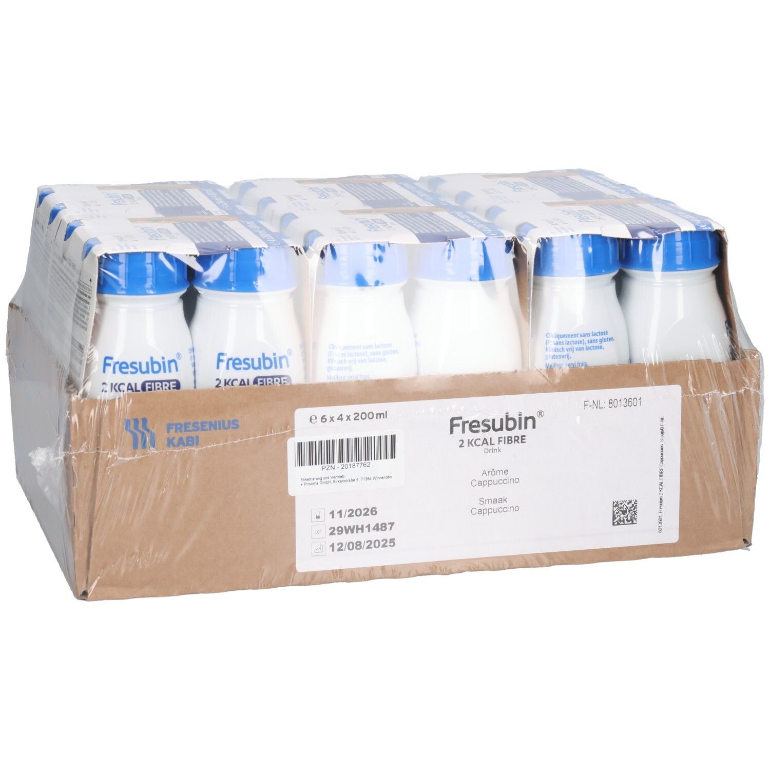 Fresubin 2 KCAL FIBRE Drink Cappuccino: 6x 200ml Flaschen in Kartonverpackung, Vorderansicht.