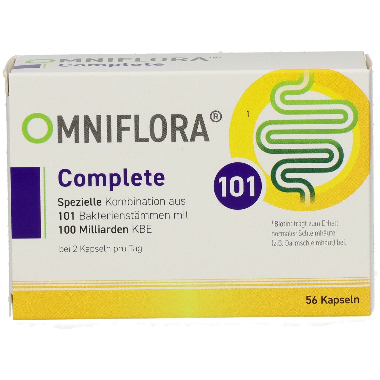 Weißer Karton mit OMNIFLORA Complete. Enthält 101 Bakterienstämme, 100 Mrd. KBE. 56 Kapseln. Gelbes Logo mit Darm-Illustration.
