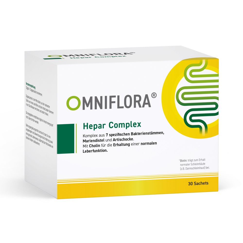 Weißer Karton mit Omniflora Hepar Complex. Grün-gelbes Design. 30 Sachets. Text: Hepar Complex, 7 Bakterienstämme.