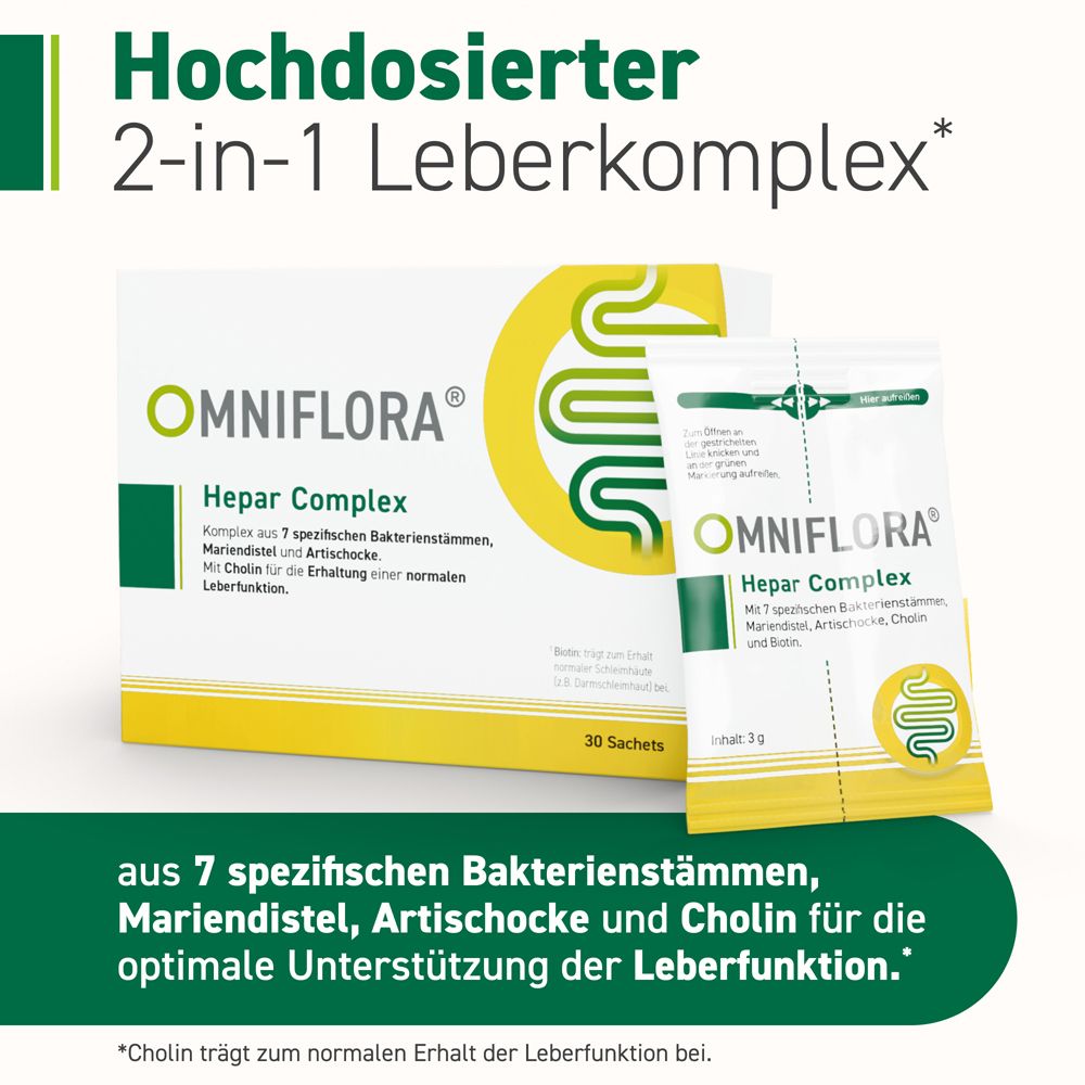 Produktabbildung: Omniflora Hepar Complex Packung und Sachet. Text: 2-in-1 Leberkomplex, 30 Sachets. Gelber Hintergrund.