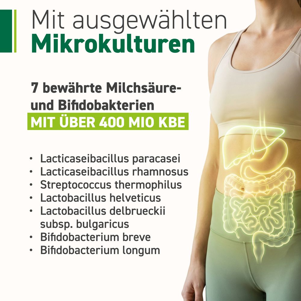 Grafik: Frau mit Bauch. Text: Mit ausgewählten Mikrokulturen. 7 Milchsäure- und Bifidobakterien. Über 400 Mio KBE. Organe.