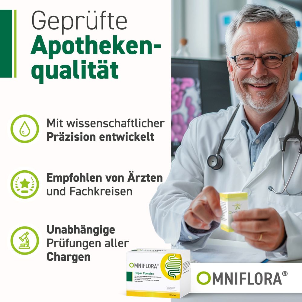Arzt hält Omniflora Hepar Complex. Text: Geprüfte Apothekenqualität. Empfohlen von Ärzten. Unabhängige Prüfungen. Logo.