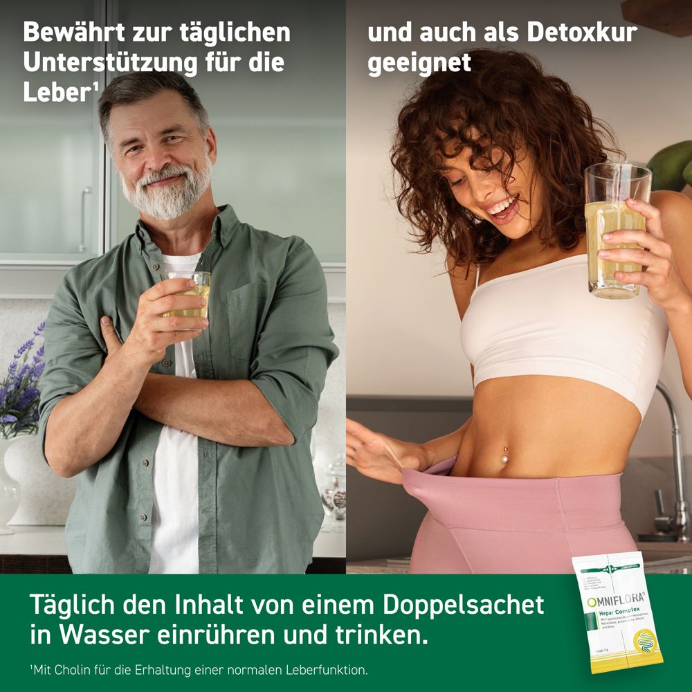 Mann und Frau trinken Flüssigkeit. Text: Täglich den Inhalt von einem Doppelsachet in Wasser einrühren und trinken. Produkt.