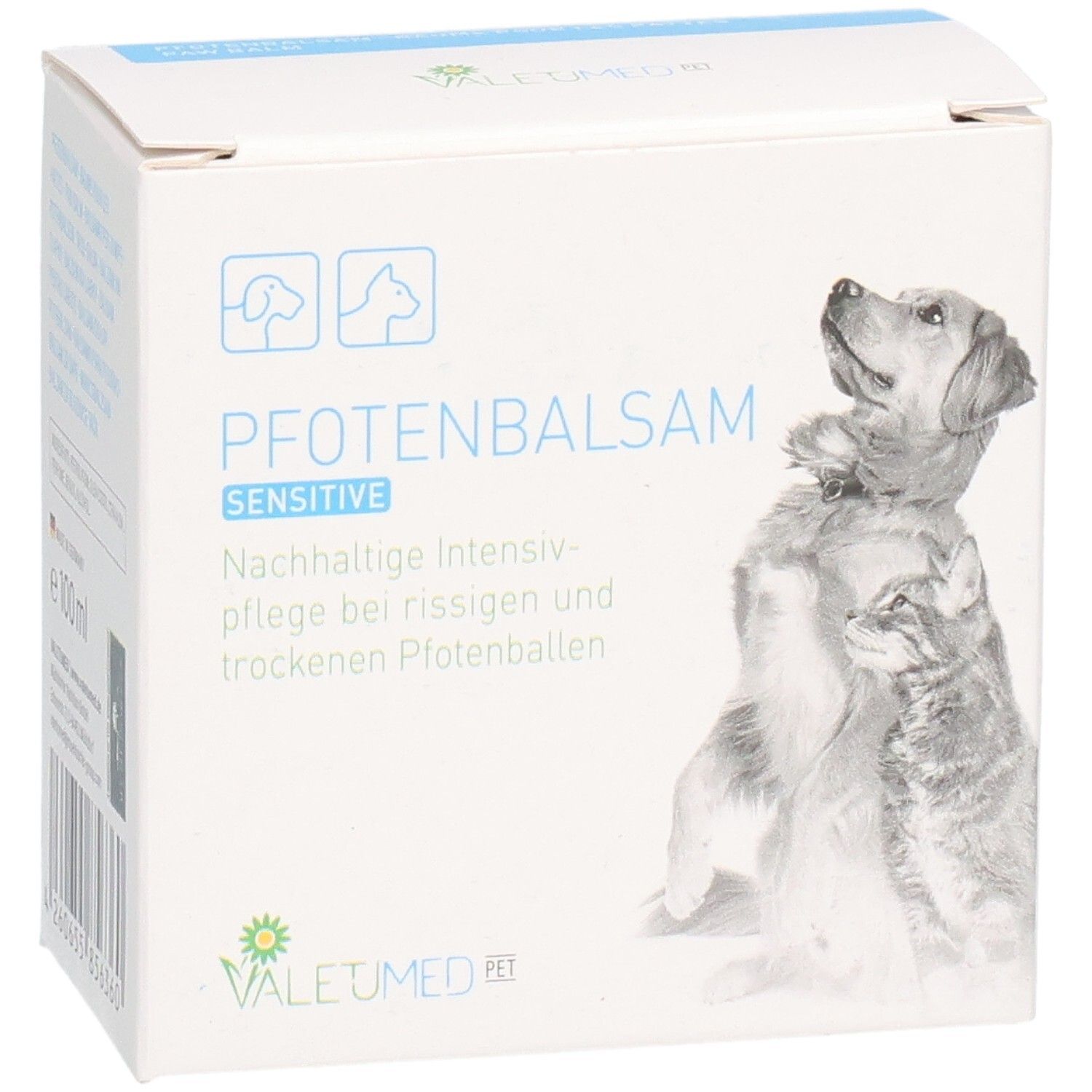 Weißer Karton mit Produktaufdruck. Aufdruck: Pfotenbalsam sensitive. Illustration: Hund und Katze. Logo: VALETUMED PET.