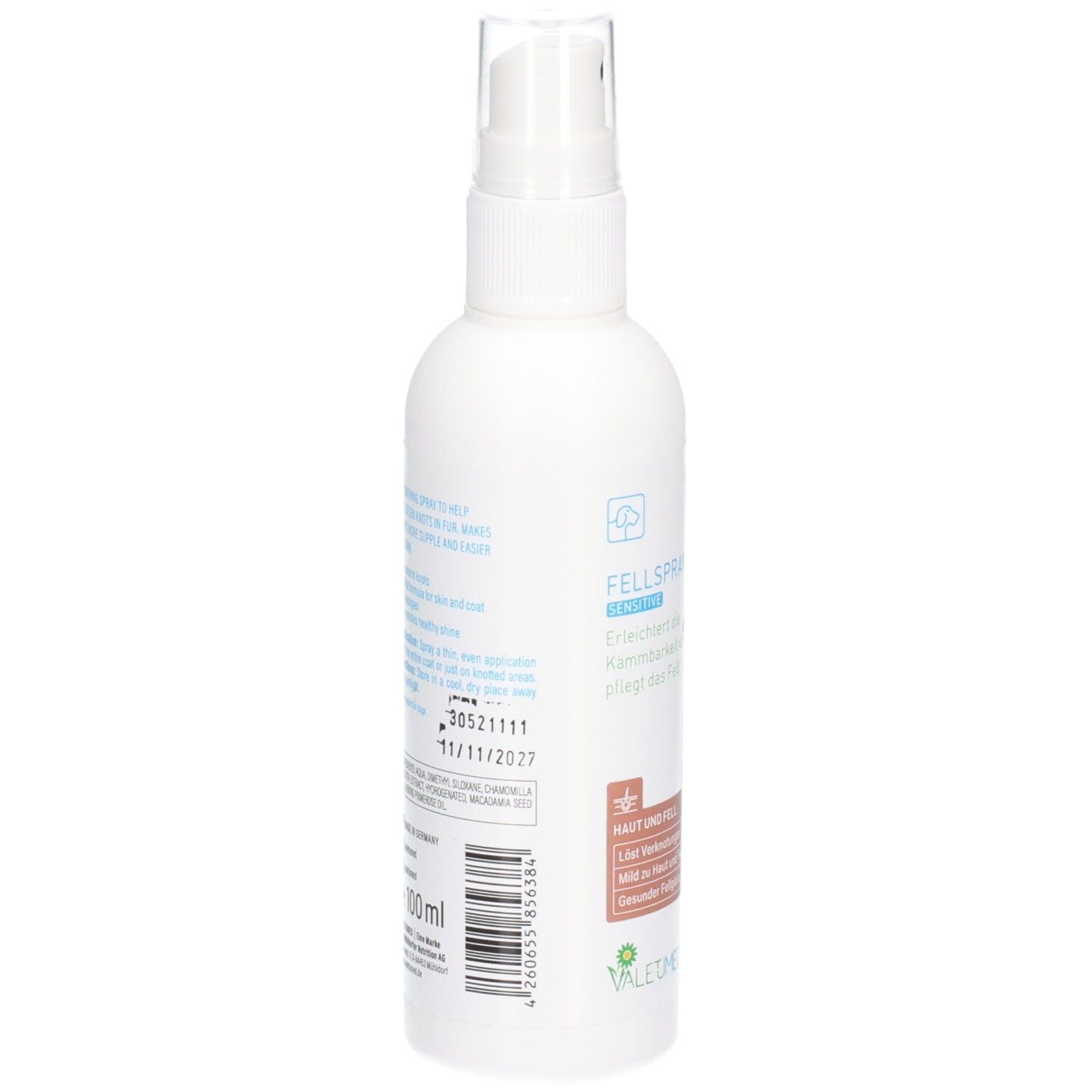 Weiße Sprühflasche. Rückseite mit Text und Barcode. Aufschrift 100 ml. VALETUMED Logo.