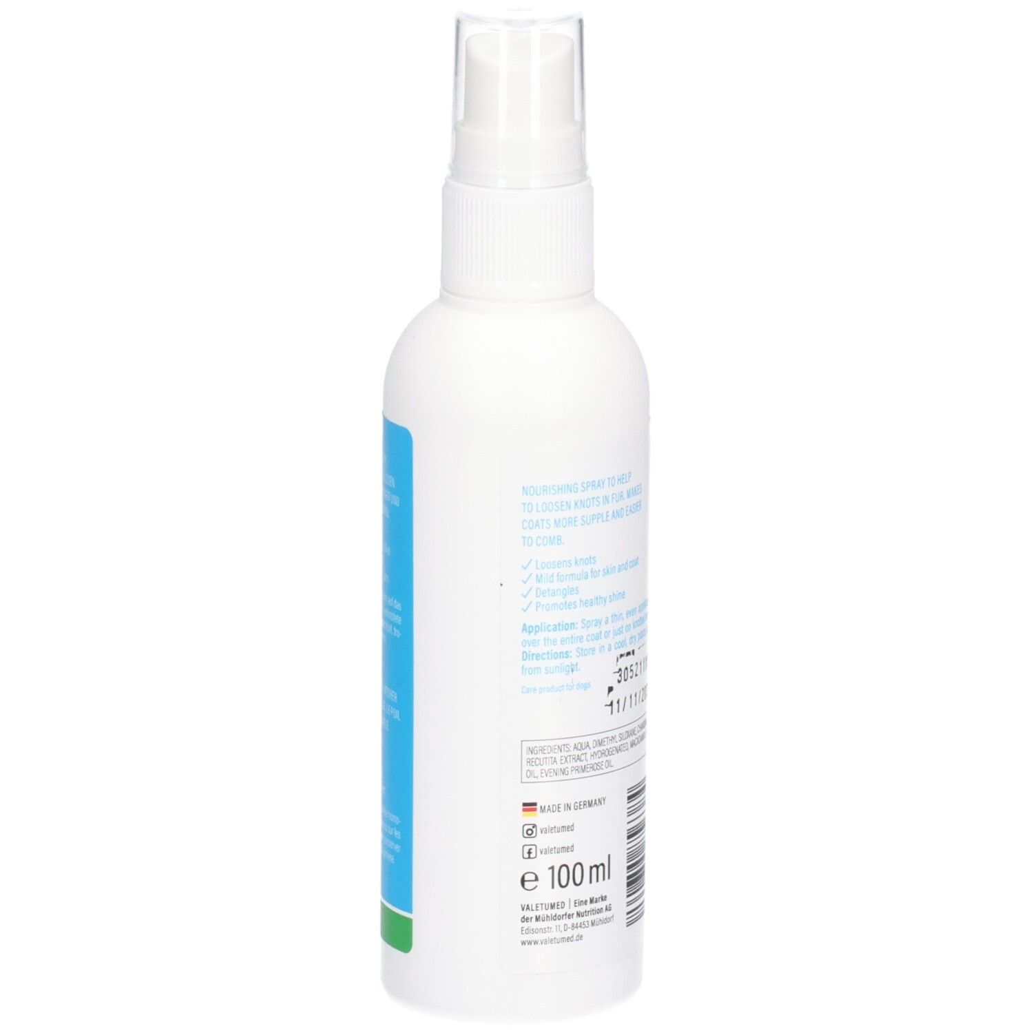 Weiße Sprühflasche. Rückseite mit Text. Aufschrift 100 ml. Hergestellt in Deutschland.