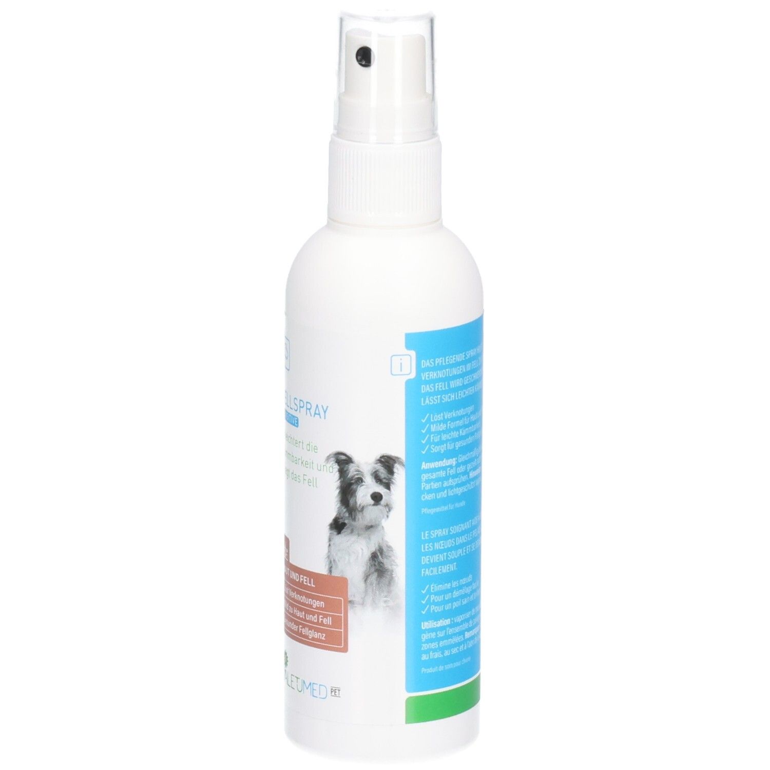 Weiße Sprühflasche mit Aufschrift FELLSPRAY sensitive. Abbildung eines Hundes. VALETUMED Logo.