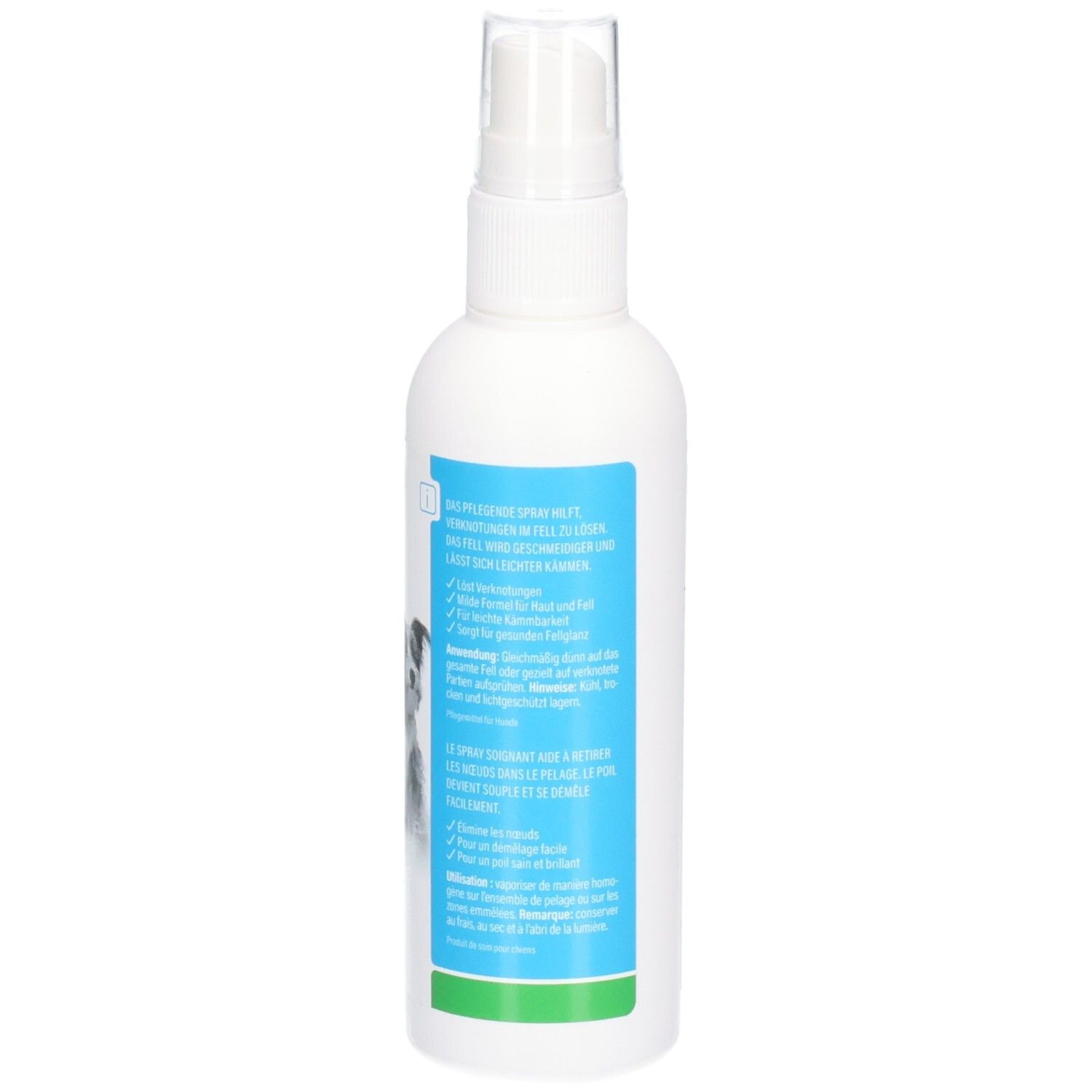 Weiße Sprühflasche. Rückseite mit Text. Aufschrift 100 ml. Hergestellt in Deutschland.