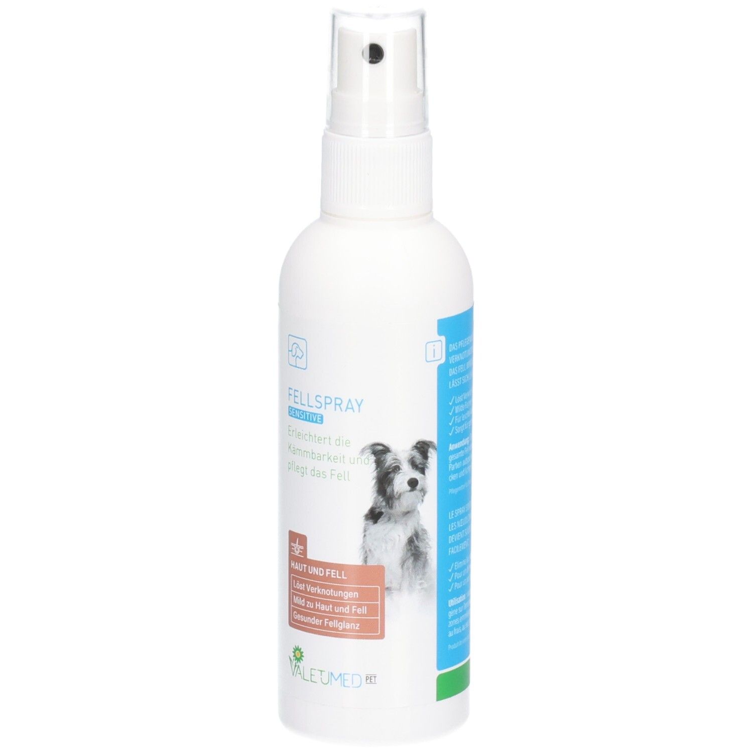 Weiße Sprühflasche mit Aufschrift FELLSPRAY sensitive. Abbildung eines Hundes. VALETUMED Logo.