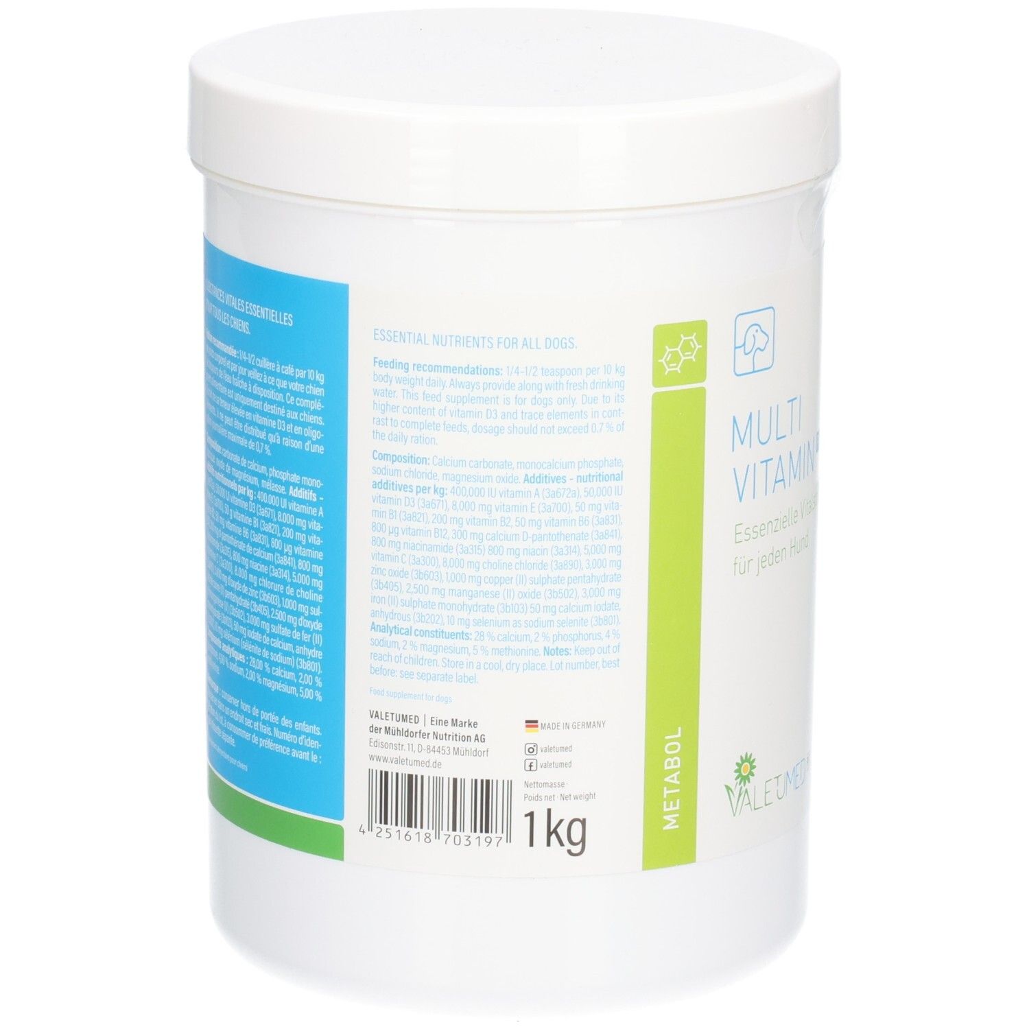 Weißer Behälter, Rückseite mit Text und Barcode. '1 kg' deutlich sichtbar. Grün-blaue Etiketten.