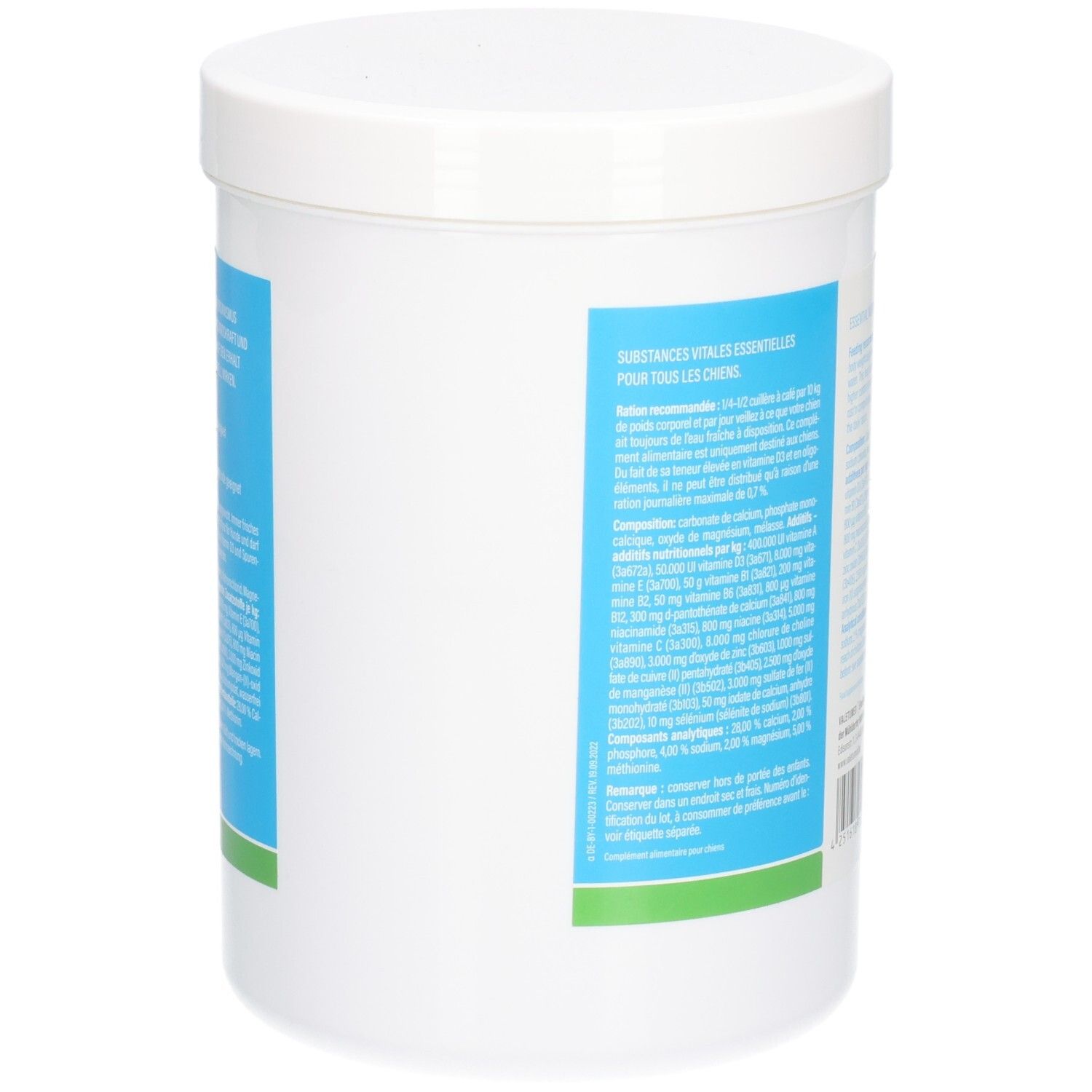 Weißer Behälter, Rückseite mit Text in blauen und grünen Bereichen. Produktinformationen.