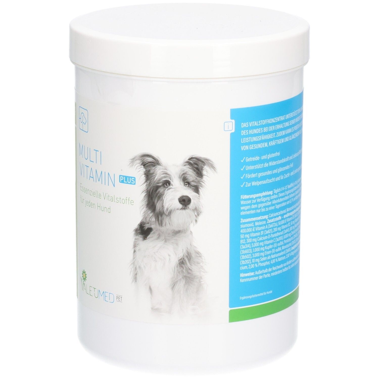 Weißer Behälter mit Text und Hundebild. Grün-blaue Akzente. Produktinformationen.