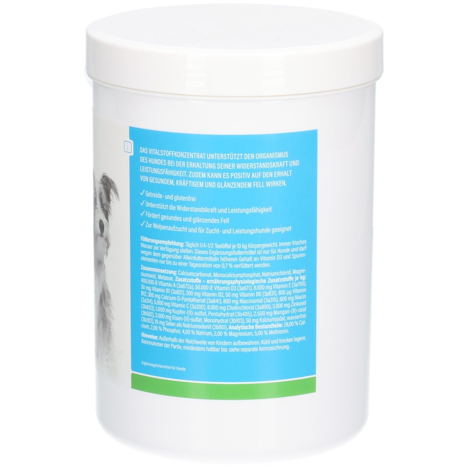 Weißer Behälter, Rückseite mit Text und Hundebild. Blaue und grüne Bereiche. Produktinformationen.