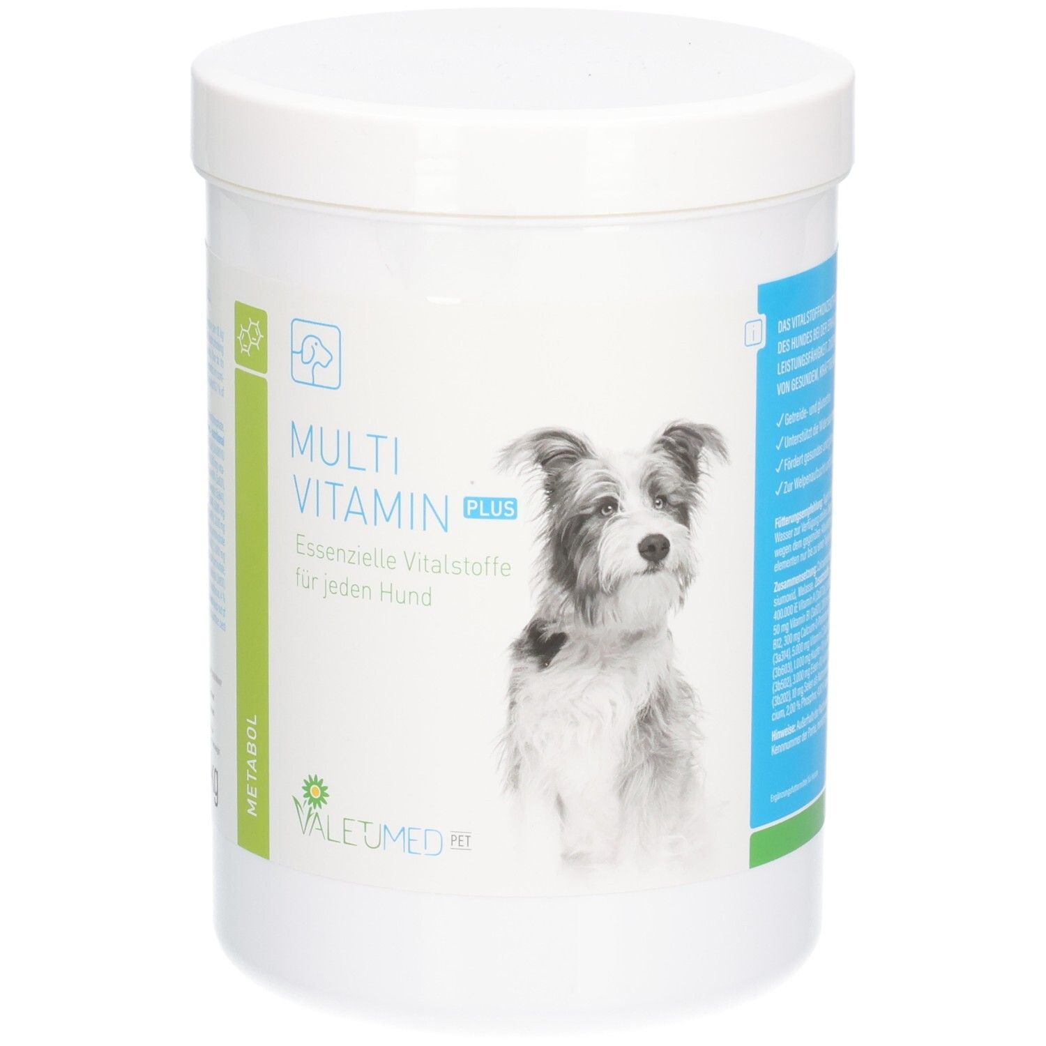 Weißer Behälter mit Aufschrift 'MULTI VITAMIN PLUS' und Hundebild. Grün-blaue Akzente. VALETUMED Logo.